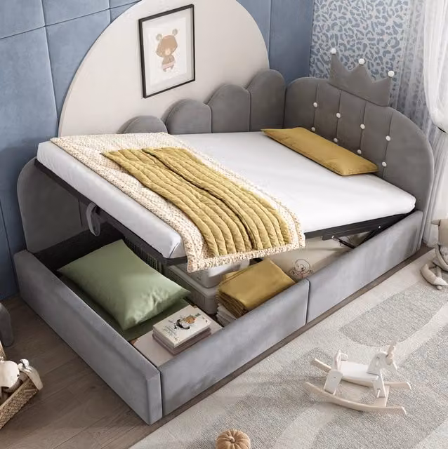 Letto da giorno imbottito 90x200 cm con contenitore idraulico in velluto grigio