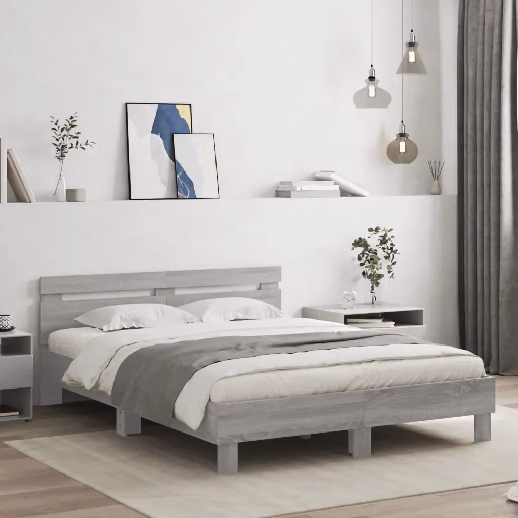 Letto matrimoniale moderno con testiera, illuminazione LED sottostante e porta di ricarica USB, Grigio Sonoma, L: 140 cm, P: 200 cm, H: 145 cm – 2