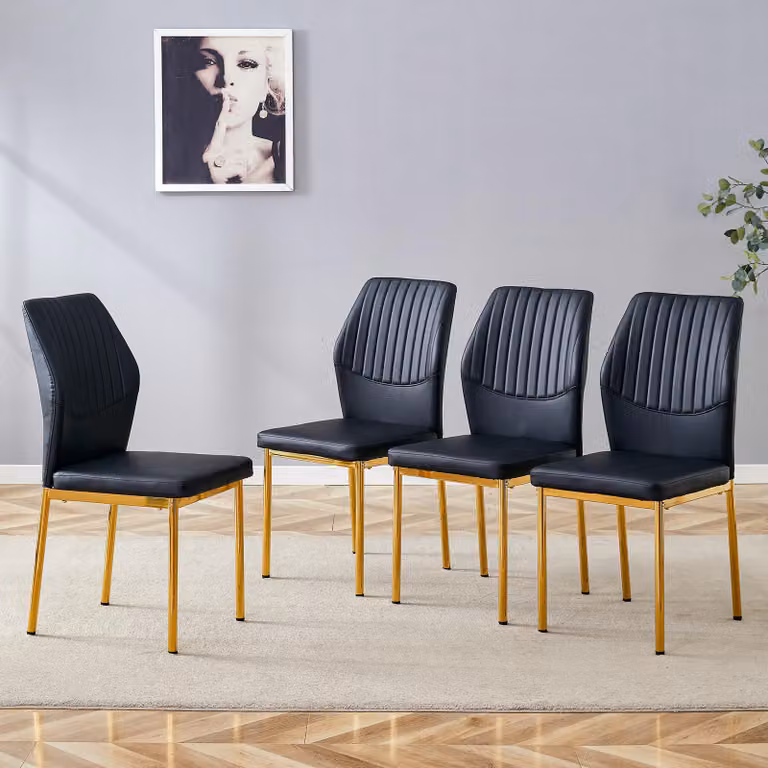 Set di 4 sedie da pranzo, schienale in poliuretano con motivo decorativo, gambe in metallo, stile lussuoso e moderno (nero e oro)