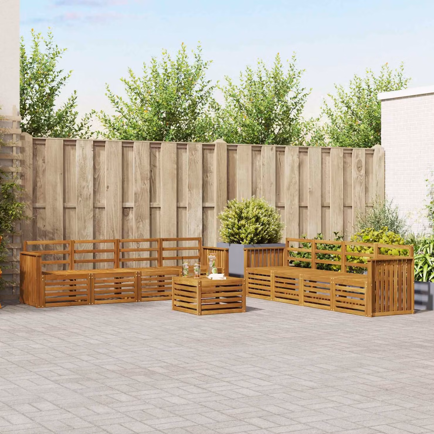 Set di divani da esterno vidaXL a forma di U in legno di acacia marrone con 9 pezzi e cuscini inclusi