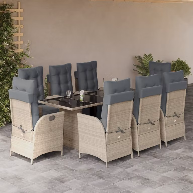 Set Pranzo da Giardino vidaXL in Polyrattan con Cuscini e Tavolo in Vetro, 9 Pezzi, Grigio Antracite