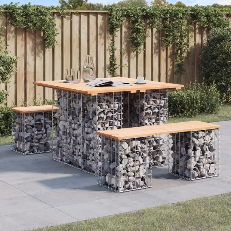vidaXL Tavolo da giardino in stile industriale con base in gabbione e piano in legno di pino marrone L: 100 cm, P: 102 cm, H: 72 cm