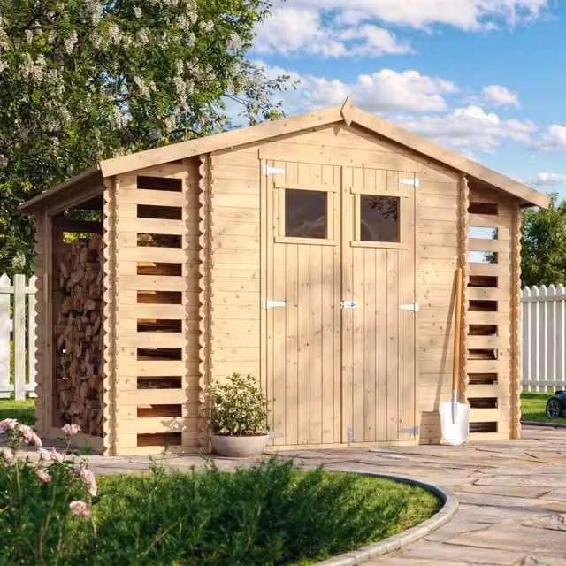 Casetta da Giardino in Legno TIMBELA M391 Grigio e Beige con Finestra e Design Rustico