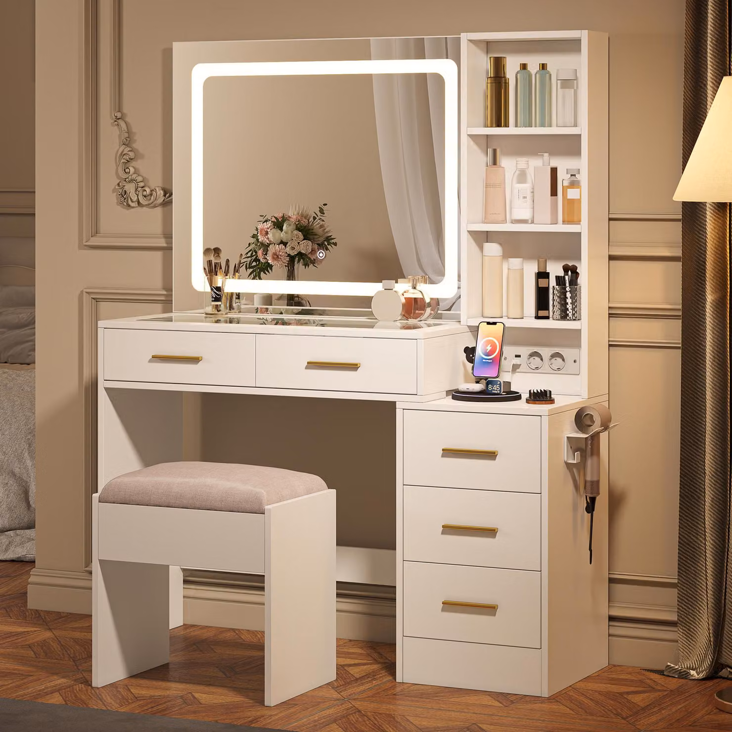 UnboxG, tavolino da trucco bianco con specchio a LED, 5 cassetti, presa USB e ciabatta multipresa, ripiani regolabili, supporto per asciugacapelli, poggiapiedi imbottito, tavolino da trucco con spazio contenitivo