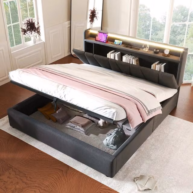 Letto Contenitore REDOM Grigio in Tessuto con Testiera USB, LED e Ripiano con Dimensioni L/P/H: 140 x 200 x 157,5 cm