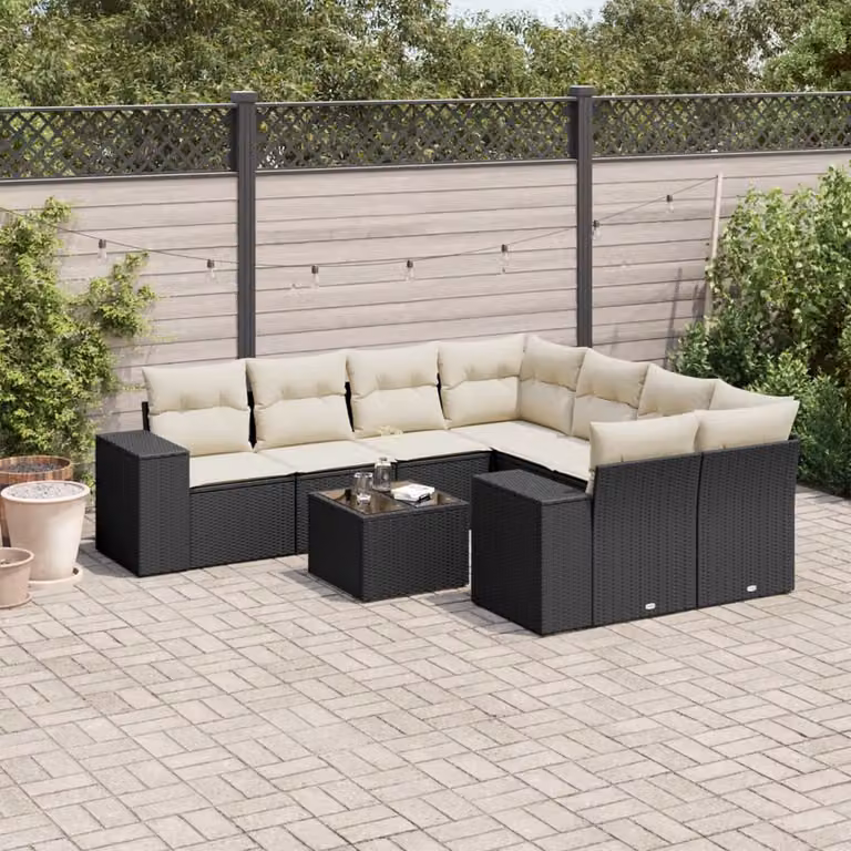 Set di divani da giardino vidaXL in polyrattan nero con cuscini e tavolino da esterno a forma di L