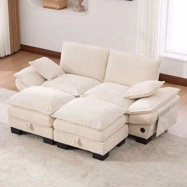Divano 2 Posti con Poggiapiedi in Tessuto a Coste ¨C Xylo ¨C Grigio/Beige/Verde