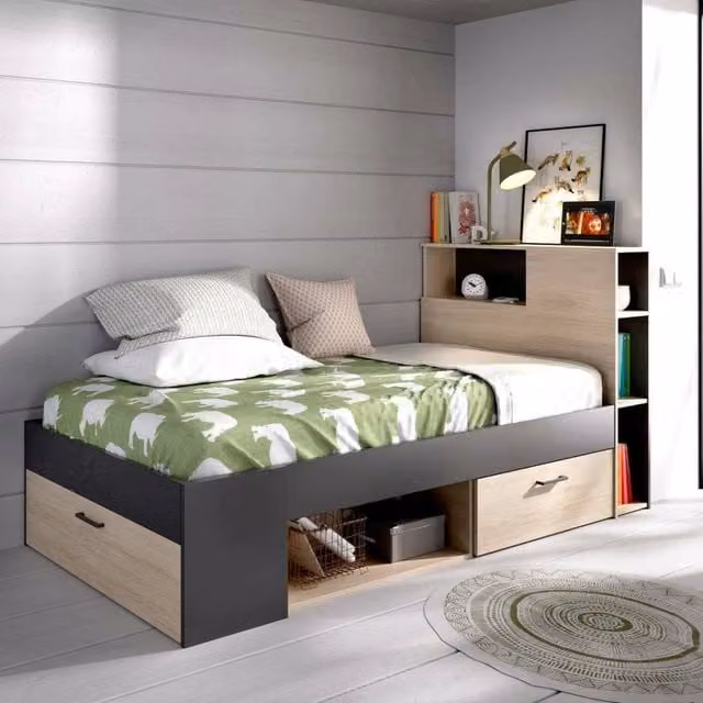 Letto singolo per bambini Adrielle DMORA con cassetto e scaffali laterali, Rovere e Antracite, L: 218 cm, P: 99 cm, H: 96 cm