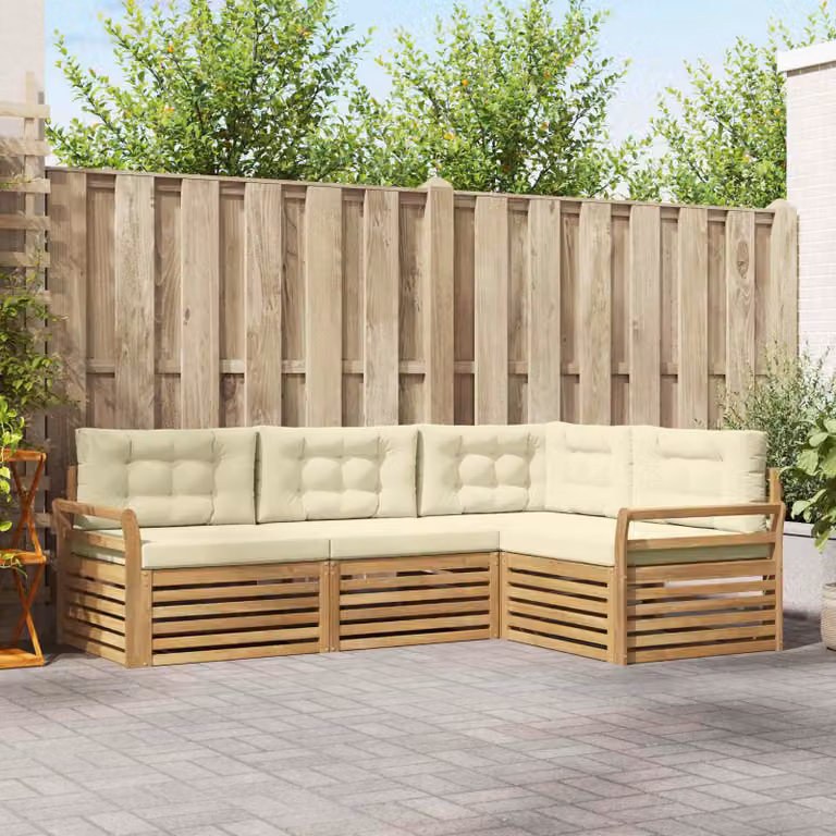Set di divani da esterno vidaXL a forma di L composto da 4 pezzi in legno di acacia con cuscini in bianco, beige e marrone