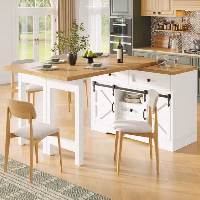 Isola da cucina estensibile e girevole a 360 gradi in MDF bianco e rovere L/P/H: 120-197 x 40 x 72 cm