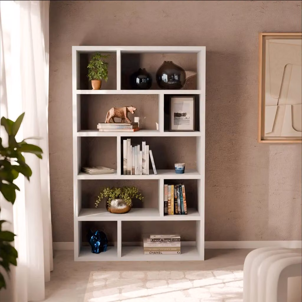 Libreria asimmetrica moderna Basiks con 10 scomparti in MDF, bianco opaco, H: 190 cm x L: 111,2 cm x P: 39 cm – 2