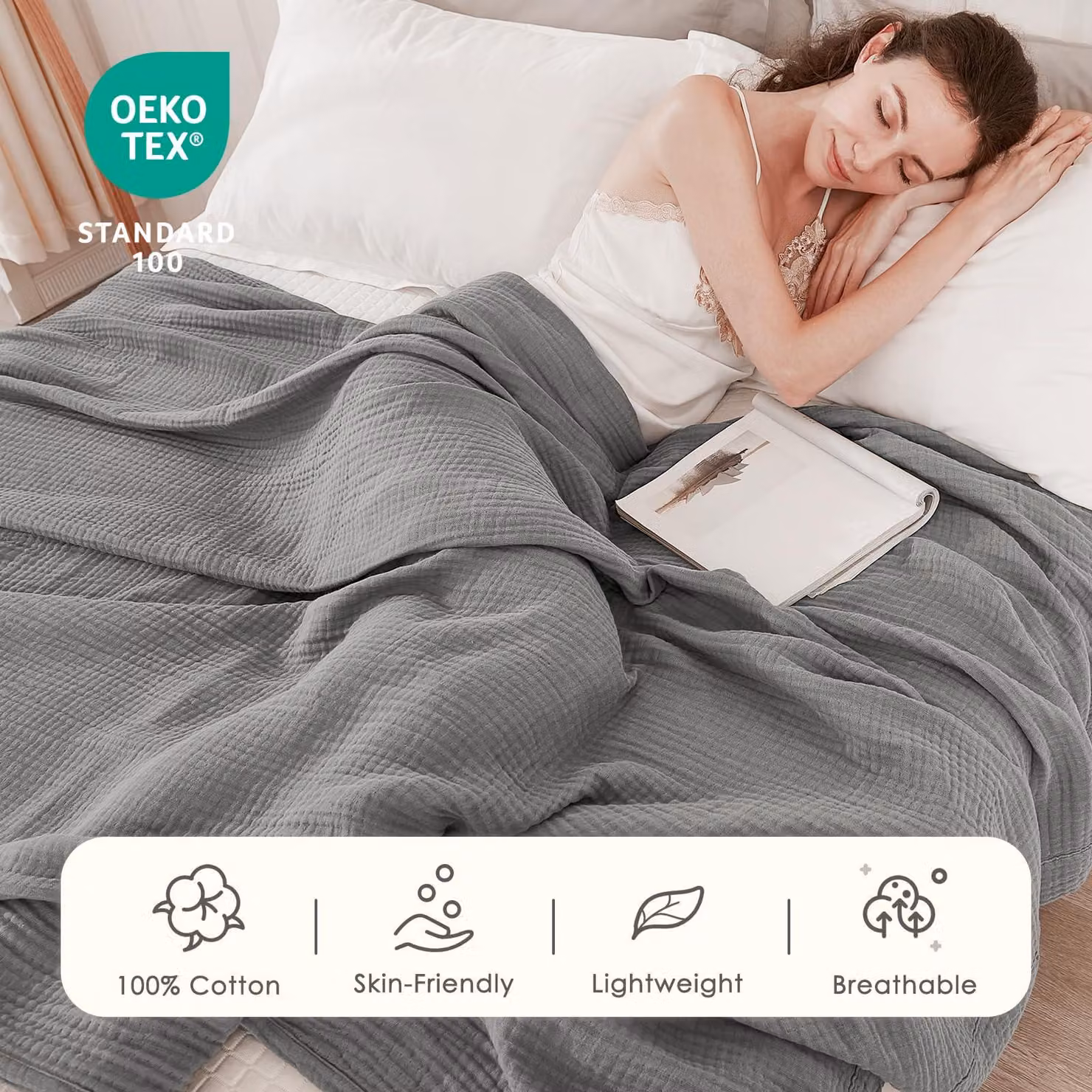 Coperta in mussola, dimensioni 203x228,5 cm, a 6 strati, grigia, in cotone, per il letto