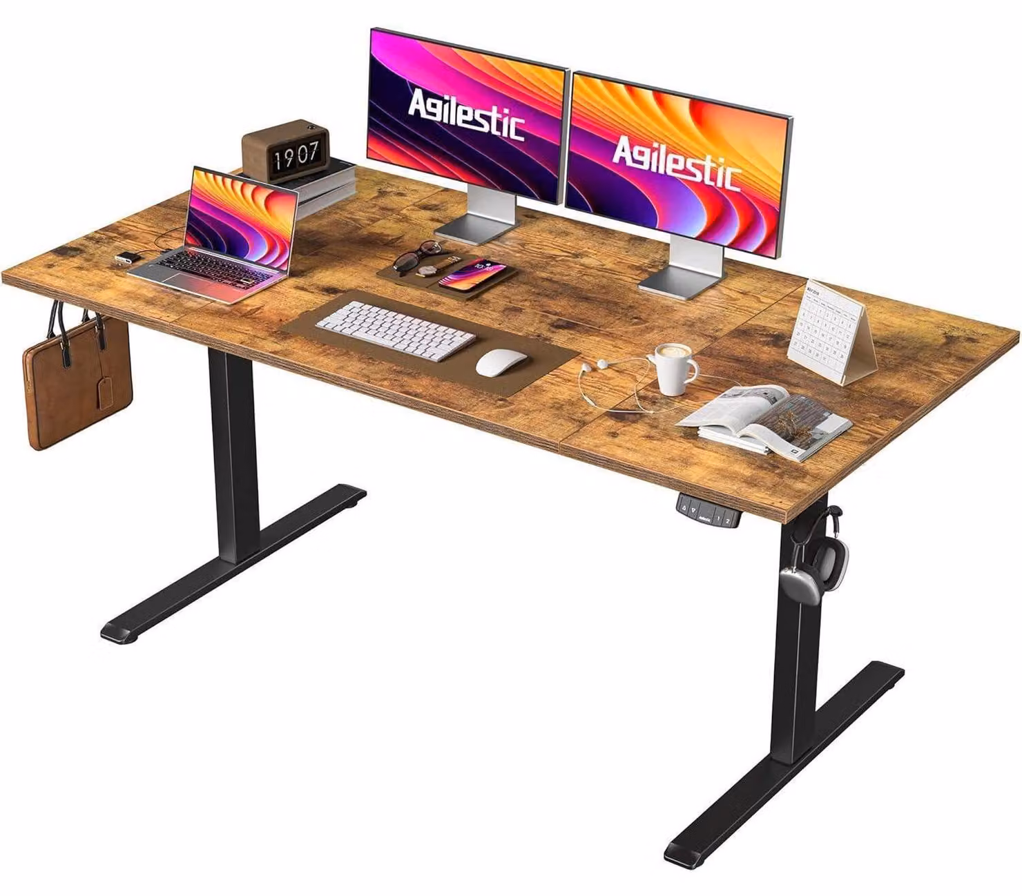 Scrivania regolabile in altezza, 160 x 80 cm, con sistema elettrico e funzione di memoria. Scrivania ergonomica, modello standing-desk, colore marrone