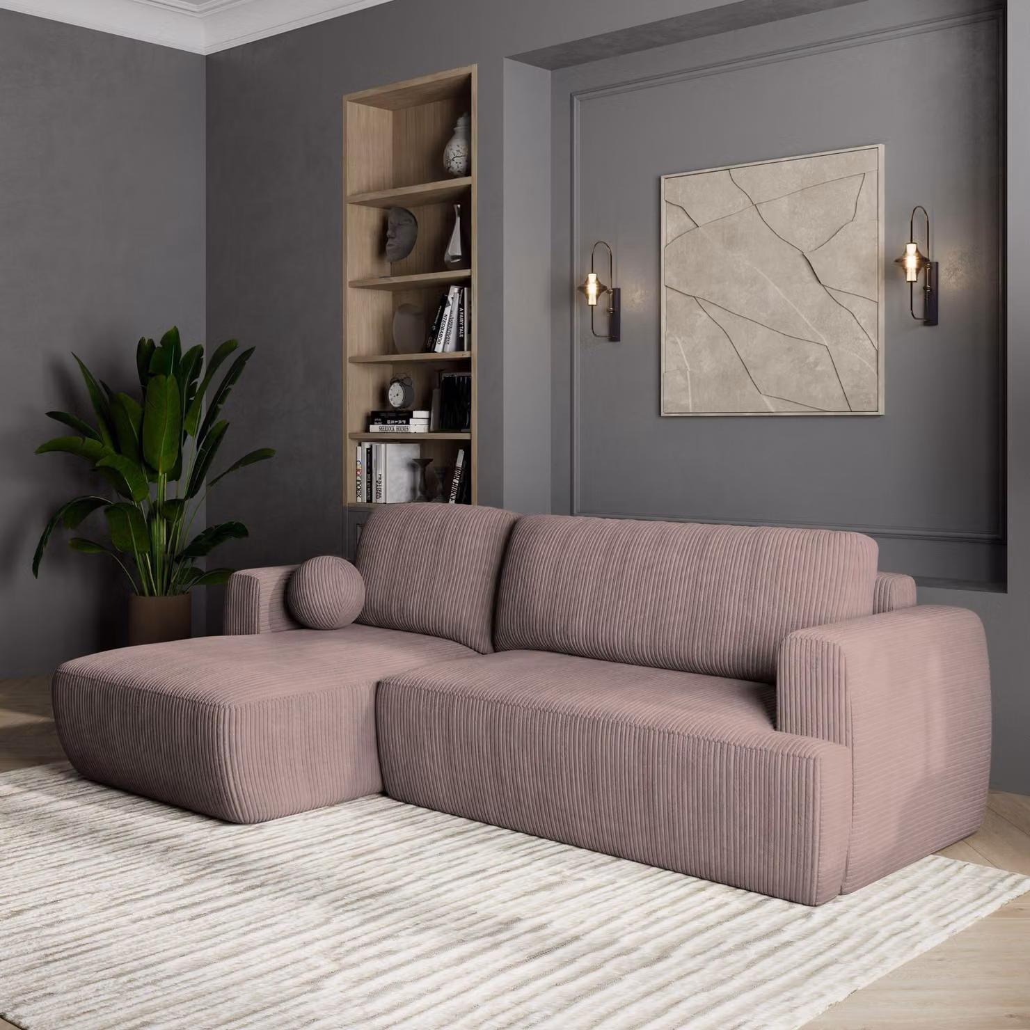 Divano angolare SENTI P L-S di Masseno con funzione letto a L, divano con box letto, divano da soggiorno, divano, divano letto, set di divani - viola, POSO 130