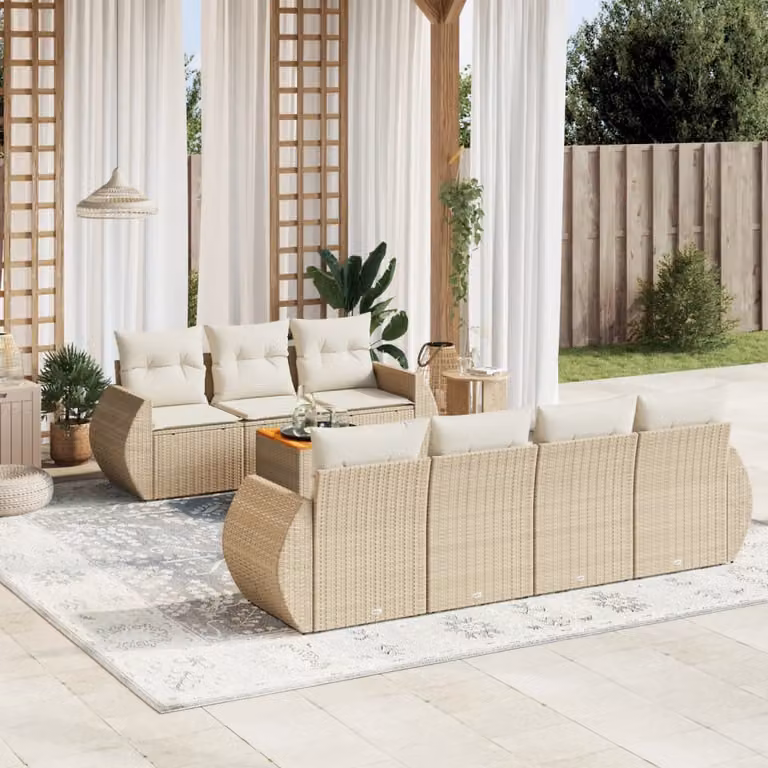 vidaXL Set Divano da Giardino 8 pz in Polyrattan Beige con Cuscini e Tavolino