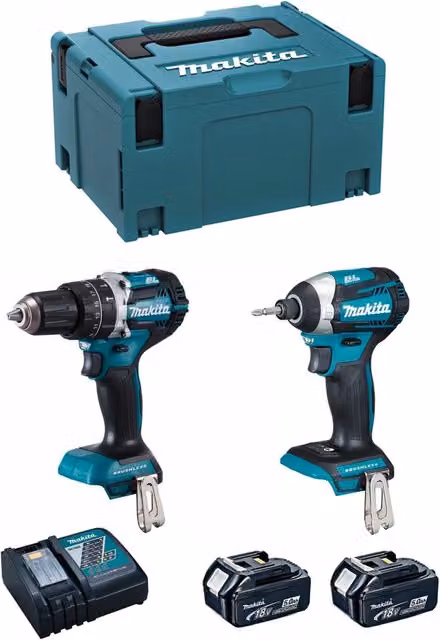 Kit Makita MK223RTJ con Avvitatore DHP484, Avvitatore a Impulsi DTD154, 2 Batterie da 5,0 Ah e Caricatore DC18RC con Sistema di Trasporto MAKPAC 3