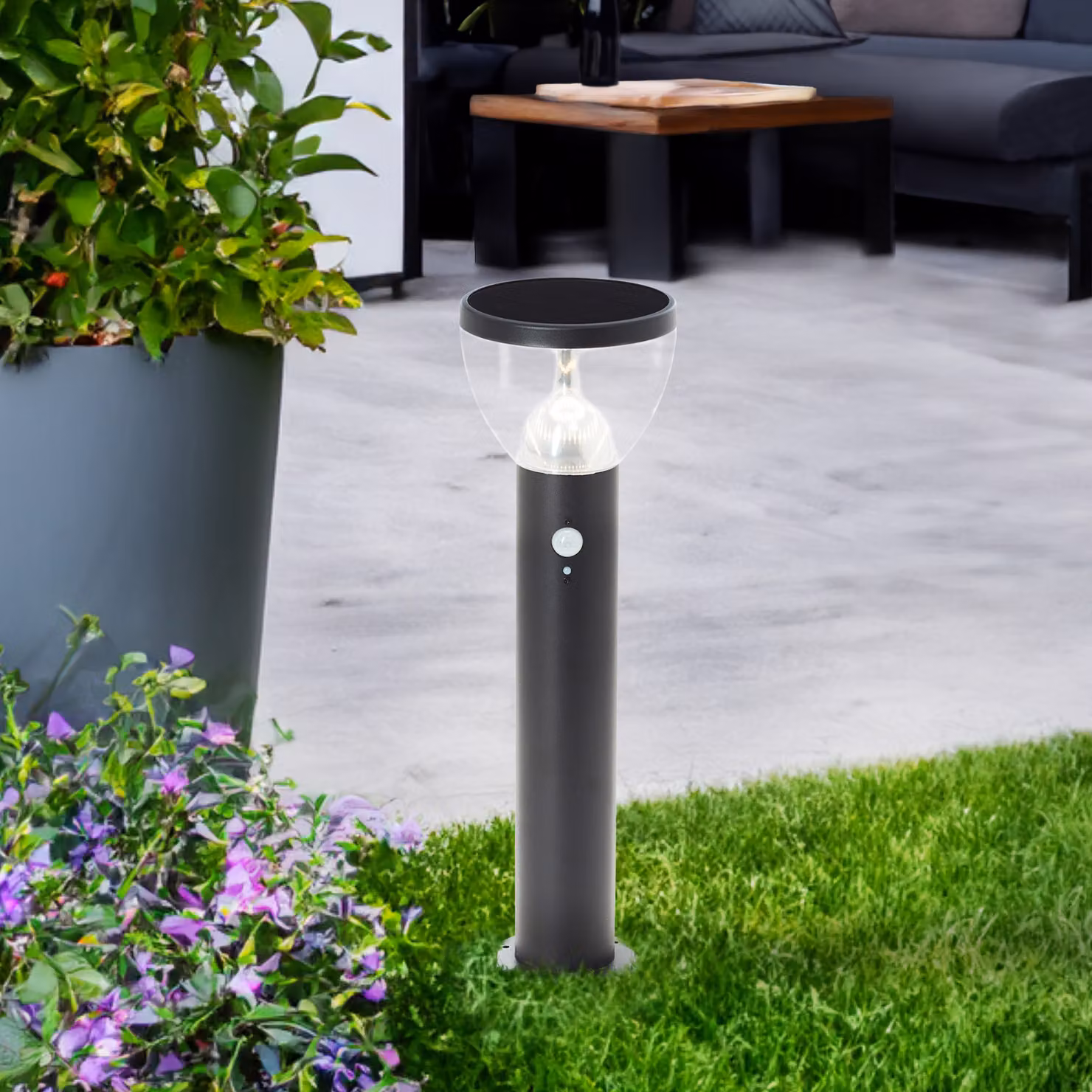 BRILLANTE luce solare nera da piedistallo per esterni TULIP | con rilevatore di movimento | 3W 430lm 3000K | acciaio inox/plastica