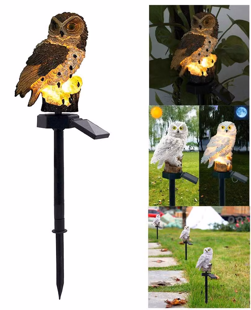 Lampada solare da giardino a forma di gufo, impermeabile, 15 cm, grigia