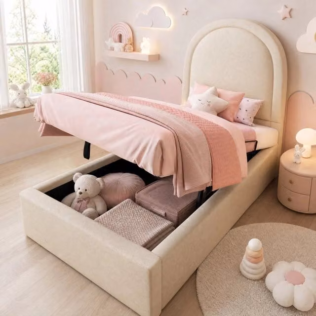 Letto imbottito REDOM beige con contenitore a sollevamento idraulico e rete a doghe L/P/H: 91 x 206 x 120 cm