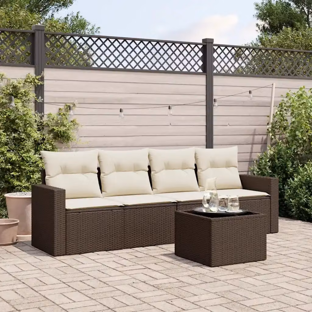 Set Divano da Giardino 5 Pezzi L-Shape con Cuscini e Tavolino in Polyrattan Marrone e Bianco con Struttura in Acciaio Verniciato a Polvere – 2