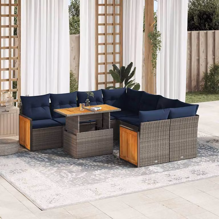 Set Divano da Giardino vidaXL 9pz in Polyrattan e Legno di Acacia con Cuscini Blu e Grigio