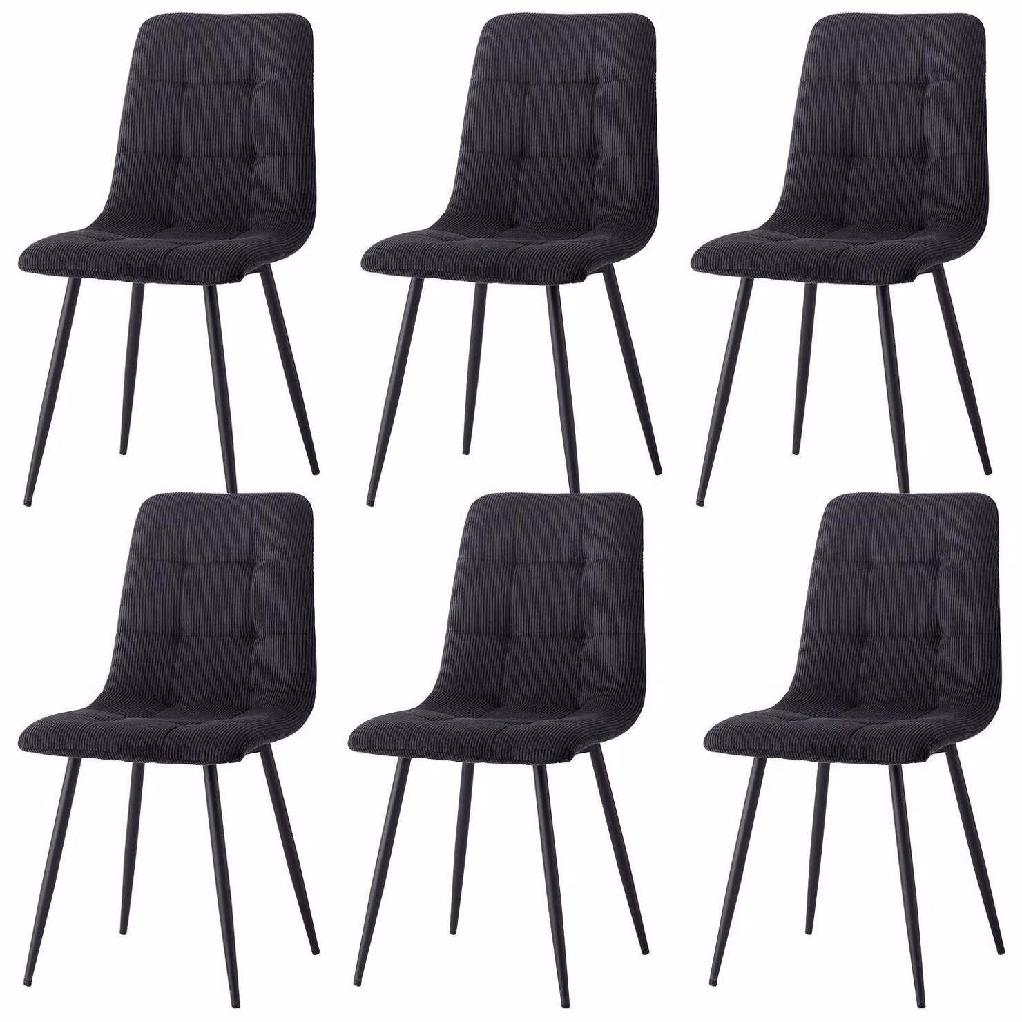 Sedie da pranzo - Set da 6 - Rivestite in velluto a coste - Imbottite - Gambe in metallo - Design moderno - Da montare - Nero
