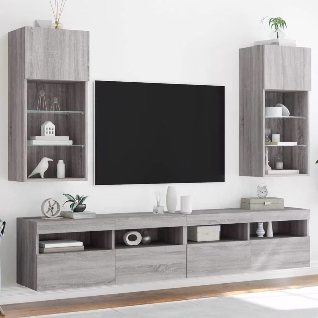 Set di 2 mobili TV moderni vidaXL con luci LED integrate, colore grigio, da appendere alla parete, L 40,5 cm x P 30 cm x H 90 cm