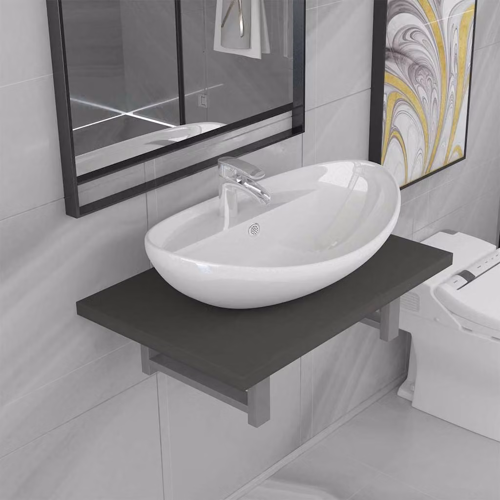 Set Mobili da Bagno Moderno vidaXL in Ceramica e Legno, Lavabo e Pensile Grigio e Bianco