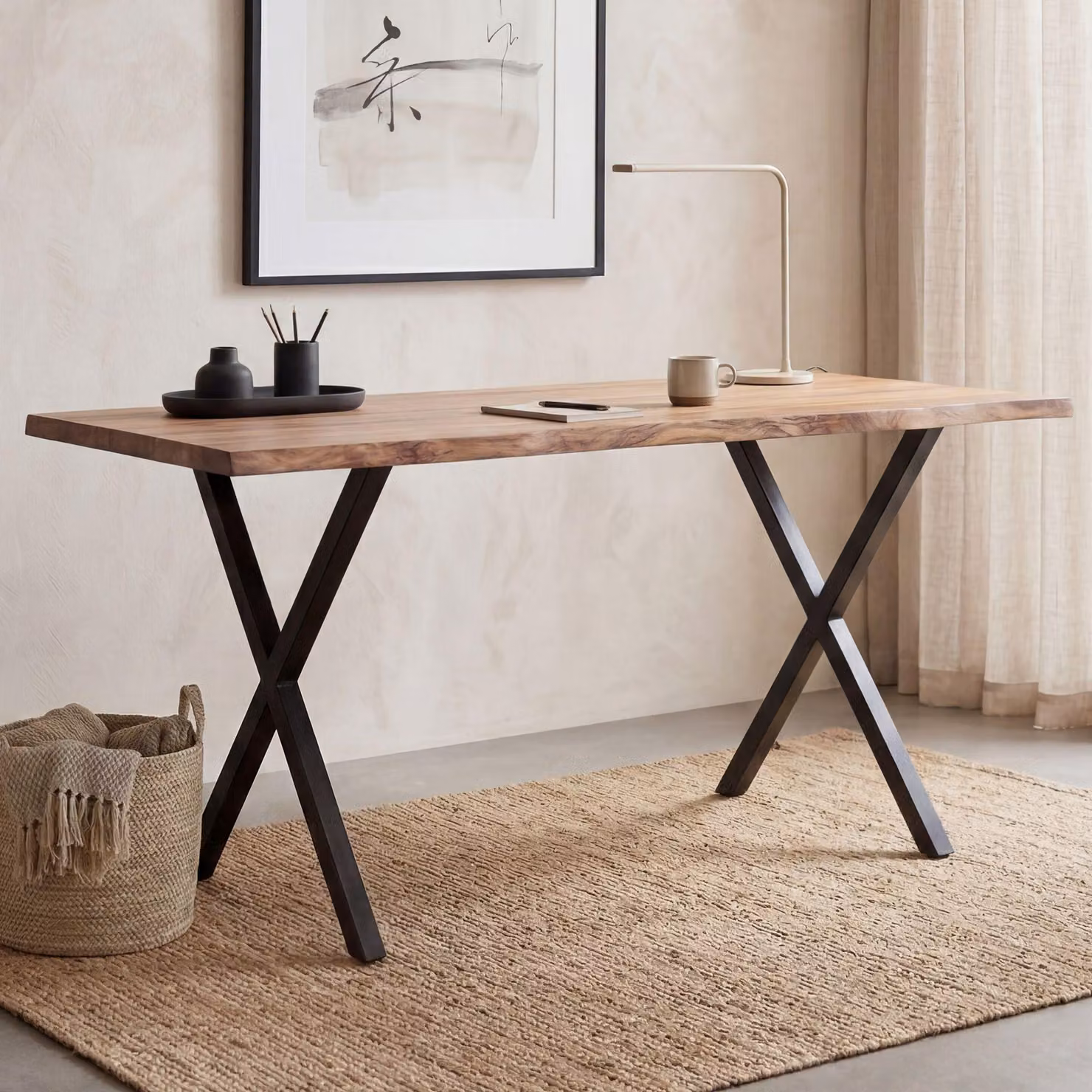 FineBuy Scrivania da 180 cm in legno massello di acacia / metallo, scrivania per computer con bordi naturali, scrivania da ufficio per l'home office in legno massello con gambe a X, nera, scrivania in legno, scrivania per laptop