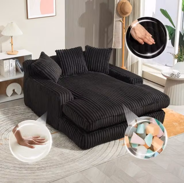 Divano lounge 155x125x63 cm nero, 3 cuscini, tessuto a coste, senza montaggio