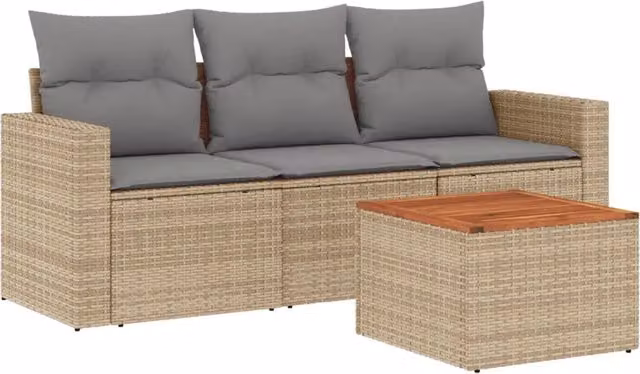 Set Divano da Giardino 4 pz | Set Salotto da Giardino con Cuscini Beige Misto Polyrattan