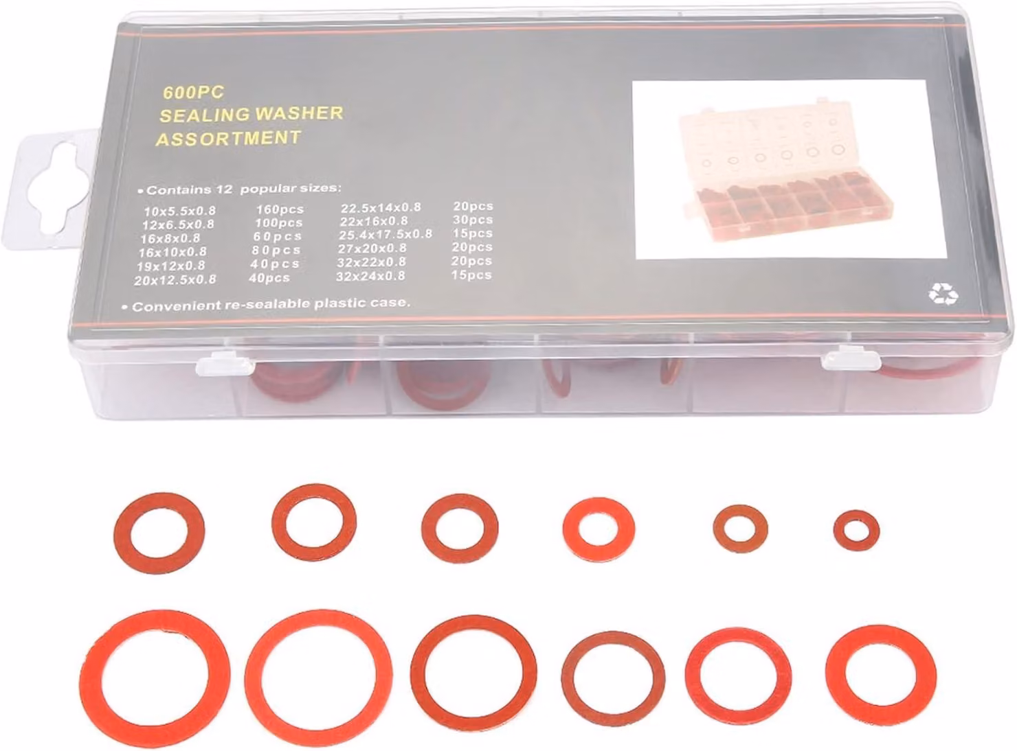 Set di anelli di tenuta, 600 pezzi - Anelli piatti - Utilizzo domestico/automobilistico - Isolamento marino - Diverse dimensioni - Contenitore in plastica per la conservazione - Guarnizione