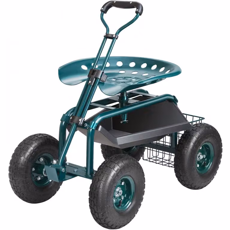 Carrello da officina con sedile rotante - acciaio, portata fino a 136 kg, carrello da giardino con manico da 25 cm, sedile regolabile in altezza (45-54 cm), carrello a rulli con pressione dei pneumatici di 30 PSI, sedile da lavoro, sedile da giardino - ve