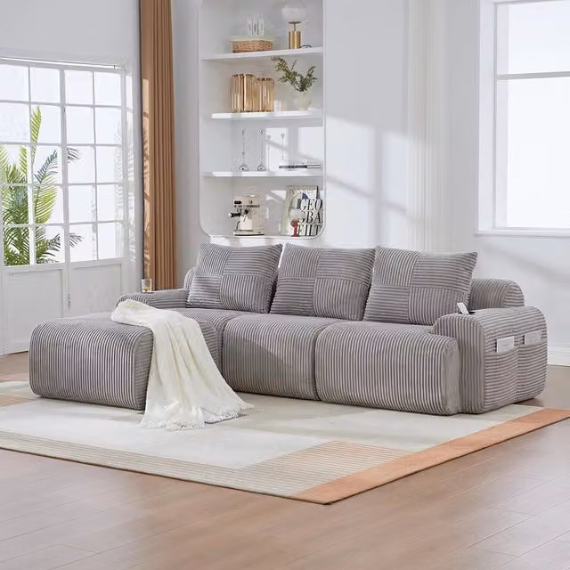 Canap¨¦ modulabile in velluto costato 3 posti - Xylo - Grigio chiaro con porta-bevande e tasche laterali