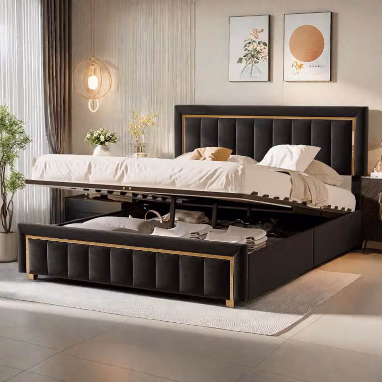 Letto imbottito Fortuna Lai 140x200cm con rete idraulica e rete a doghe, letto contenitore, velluto, nero