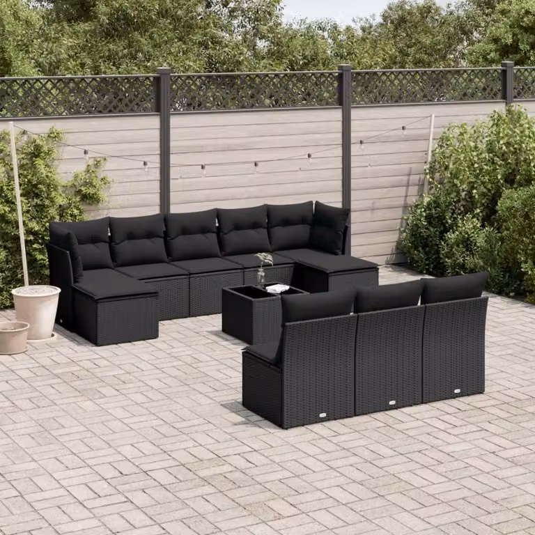 vidaXL Set Divani da Giardino 11 pz a Forma a U con Cuscini e Tavolino Nero