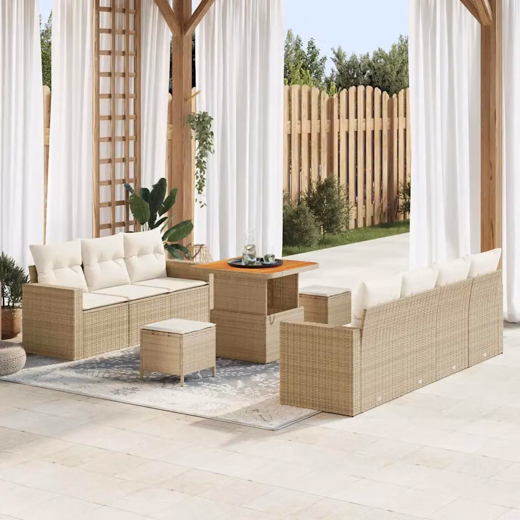 Set Divano da Giardino Moderno vidaXL in Polyrattan Beige con Cuscini e Tavolino da 10 Pezzi – 1