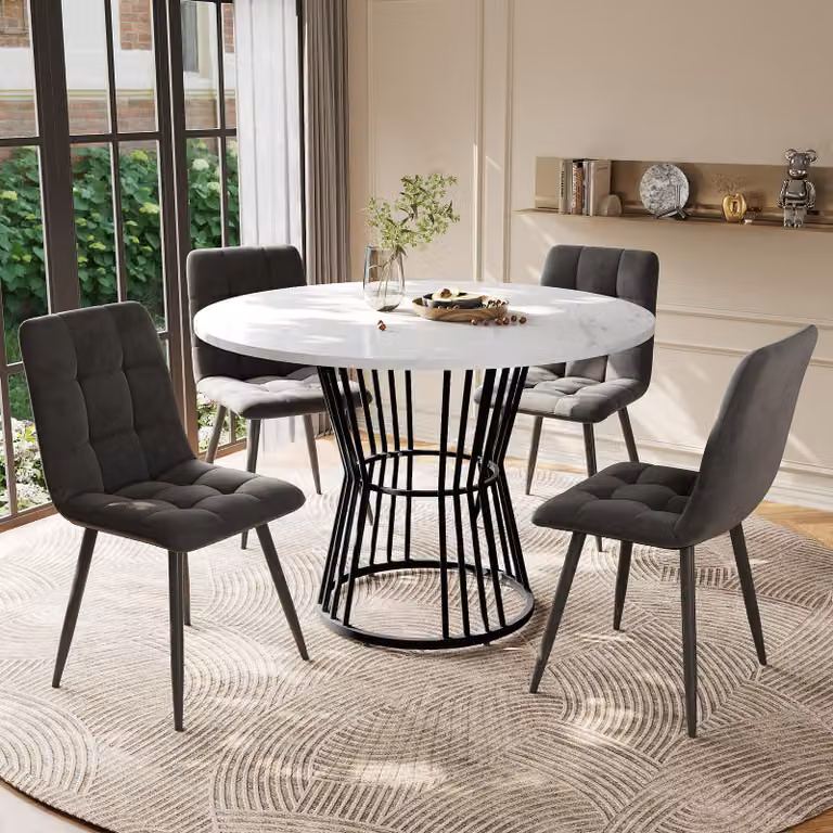Set tavolo da pranzo Sweiko (5 pezzi), set tavolo da pranzo con 4 sedie, set tavolo da cucina, tavolo da pranzo rotondo con diametro di 100 cm e gambe in metallo nero, piano del tavolo in MDF bianco, sedie da pranzo in velluto grigio scuro