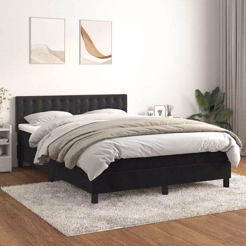 vidaXL Letto Ibrido con Giroletto a Molle e Materasso in Velluto Nero, L/P/H: 144 x 193 x 88 cm