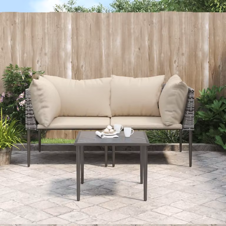 Set da giardino vidaXL composto da divano a 3 posti, elemento angolare e tavolino da caffè in rattan con cuscini beige e struttura in metallo grigio
