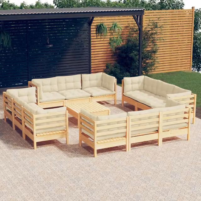 Set Salotto da Giardino vidaXL a Forma a U in Legno di Pino con Cuscini Beige 13 Pezzi – 1