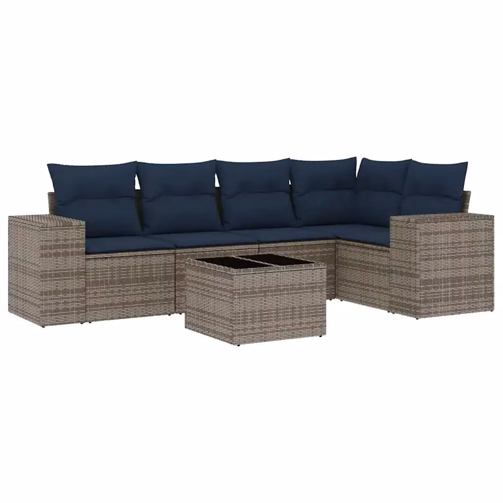 Set da giardino moderno vidaXL a forma di L composto da 6 pezzi con tavolino e cuscini grigi e blu in rattan e metallo – 2