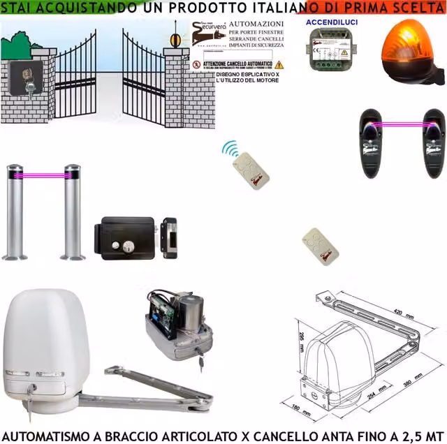 Automazione Cancello Kit Motore Braccio Articolato 220/24 V Anta da 0,5 a 2,5 MT Accendiluci Elettroserratura Faro Selettore 2 Paline 2 Foto 2 Radiocomandi
