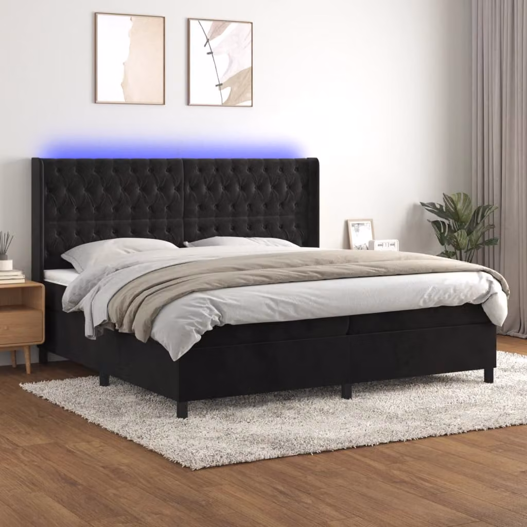 Letto Ibrido vidaXL con Materasso e Illuminazione LED in Velluto Nero L/P: 200 x 200 cm – 1