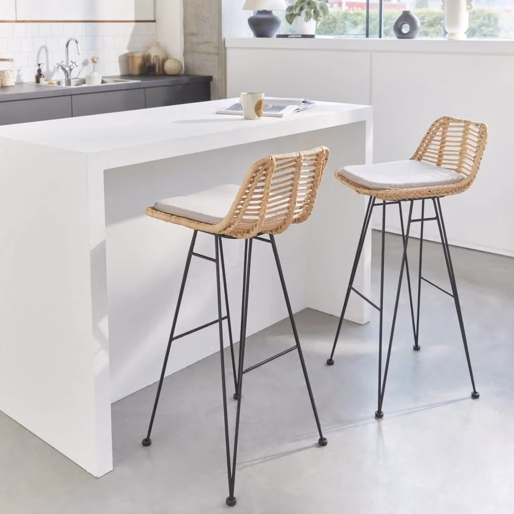 Set di 2 sgabelli da bar Sweeek in metallo e rattan, beige e nero, stile industrial – 2