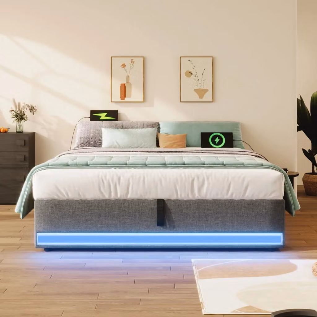 Letto Contenitore REDOM in Tessuto Grigio con Illuminazione LED, Porta USB e Ripiano Laterale, L/P: 140 x 200 cm – 2