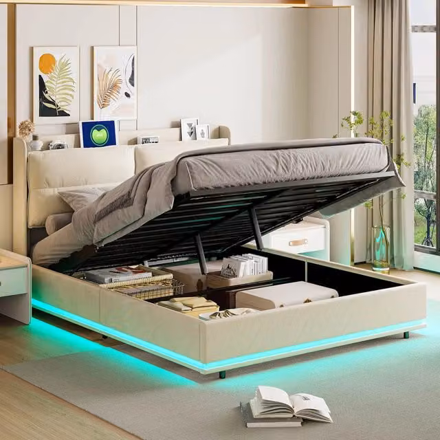 Letto Matrimoniale 160x200 cm; Letto Contenitore Idraulico Imbottito; Luci LED e Porta USB; Struttura Letto in Velluto; Beige; Senza Materasso
