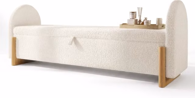 Panca contenitore 146x47x61 cm in bouclé; MDF e legno massello; bianca
