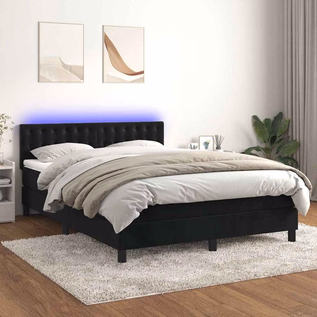 vidaXL Letto Ibrido con Materasso in Velluto Nero con Illuminazione LED e Porte USB L/P/H: 140 x 190 cm – 1