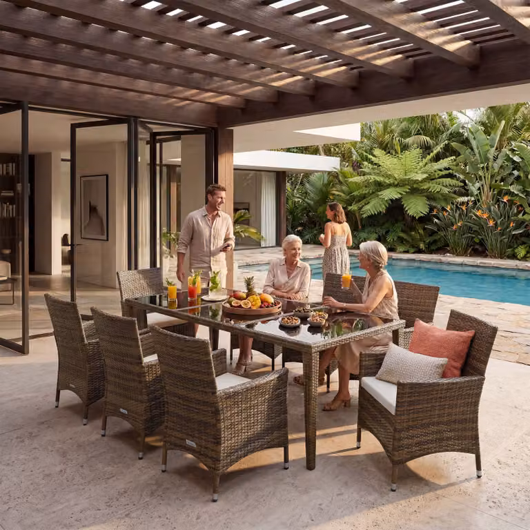 Set da giardino Menorca TecTake con tavolo in alluminio e 8 sedie in polyrattan e vetro, colore naturale